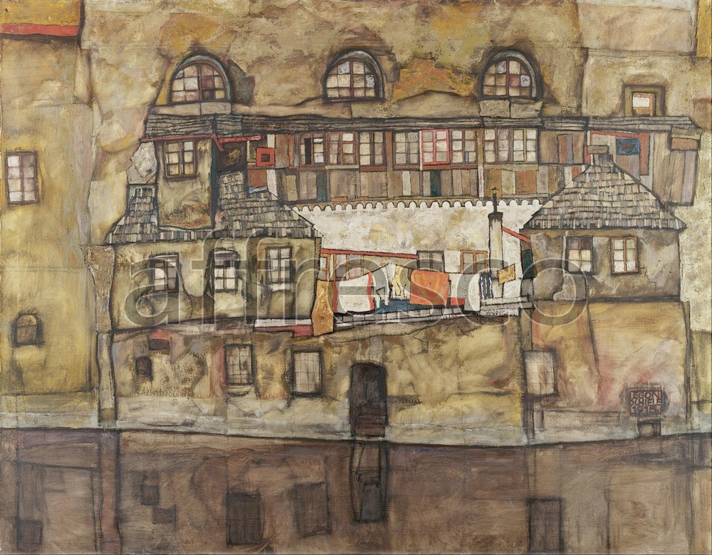 Картина: Эгон Шиле, Стена дома на берегу реки