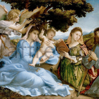 Картина: Лоренцо Лотто, Мадонна с младенцем и святыми Екатериной и Томасом