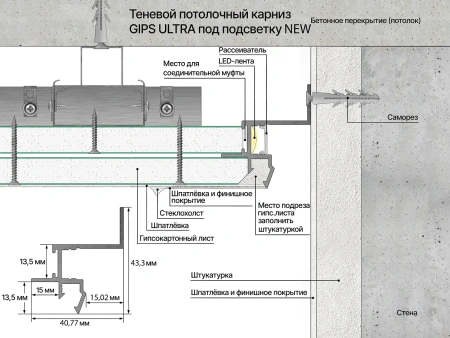Профиль алюминиевый теневой с подсветкой Laconistiq Gips Ultra RAL9016 Белый муар 56-32-300 3000×41×43,3