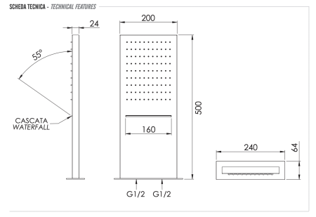 Верхний душ настенный 50x20 см Remer 350SSCANOX, черный матовый 350SSCANOX