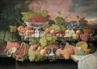Картина: Severin Roesen, Two Tiered Still Life with Fruit and Sunset Landscape