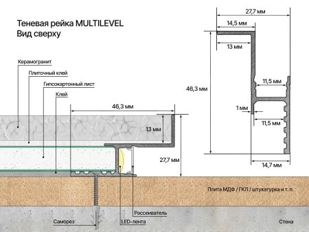 Профиль алюминиевый теневой с подсветкой Laconistiq Multilevel 25-100-300 без покрытия 3000×46,3×27,7
