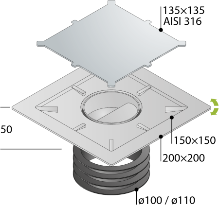 Трап 115х115 мм, решетка под плитку, сухой затвор OMP Tea Kalamata Unseen 9977.798.9 9977.798.9