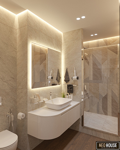 Ванная комната в теплых тонах с подсветкой вдоль стен