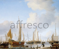 Картина: Willem van de Velde the Younger, Calm A States Yacht under Sail close to the Shore with many other Vessels