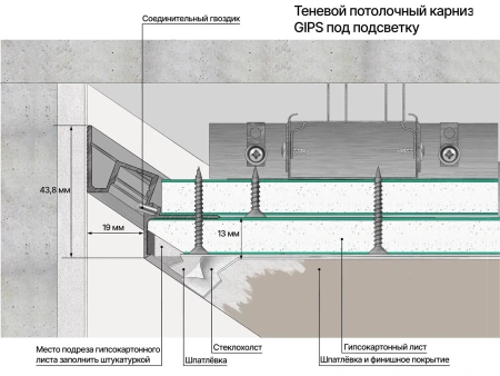 Профиль алюминиевый теневой с подсветкой Laconistiq Gips 51-100-300 без покрытия 3000×43,8×44,1