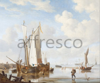 Картина: Willem van de Velde the younger and studio, A wijdschip and a kaag in an inlet close to a sea wall