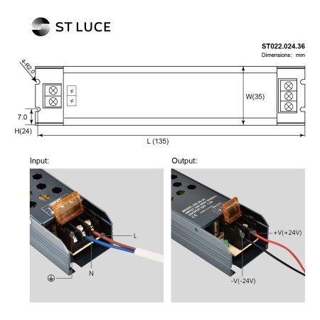 Блок питания для светодиодной ленты ST Luce 36Вт, AC220-240V, DC24В, 1.5А, IP20, 135x35x24мм. ST022.024.36
