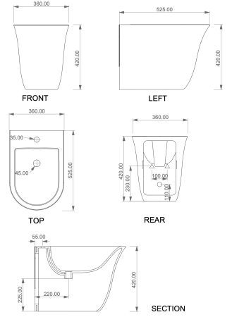 Биде приставное GSG Ceramic Design Flut FLBI01000, белый глянцевый FLBI01000